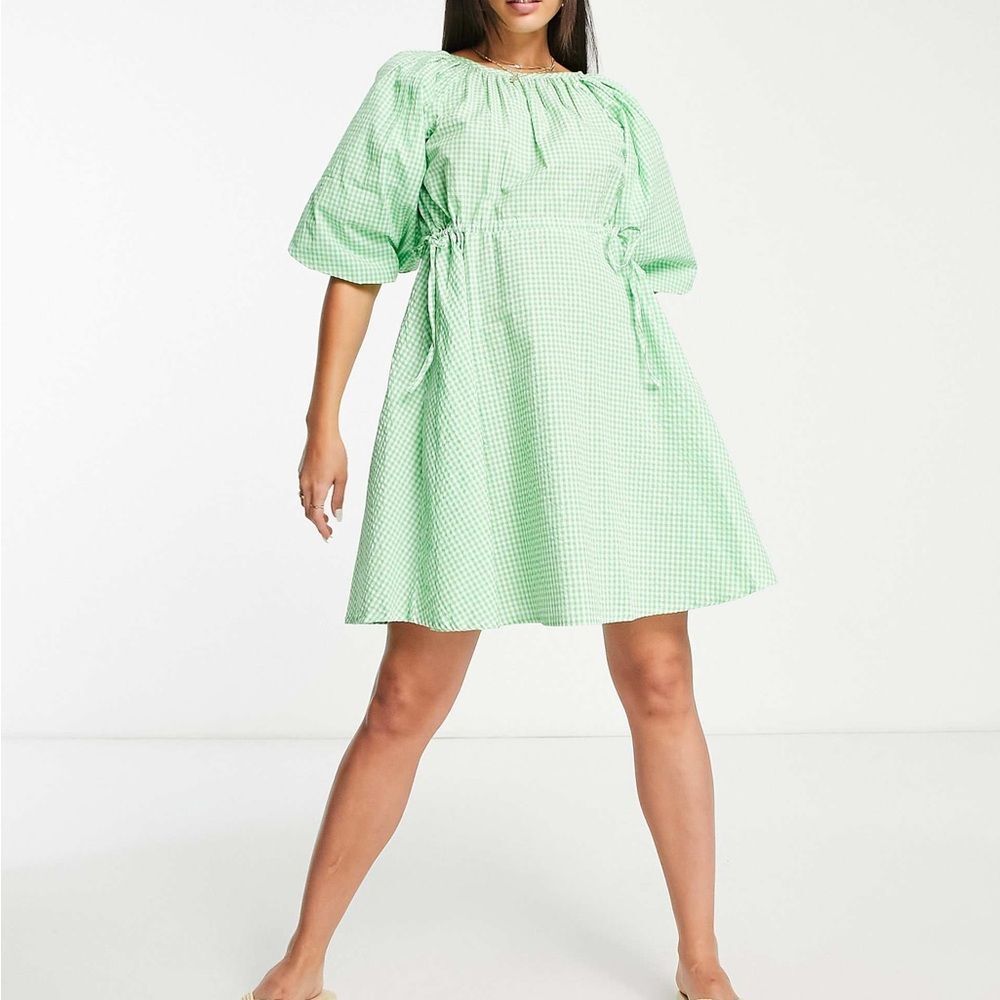 NWT Influence drawstring waist mini dress green gingham check Sz 14 Cottagecore